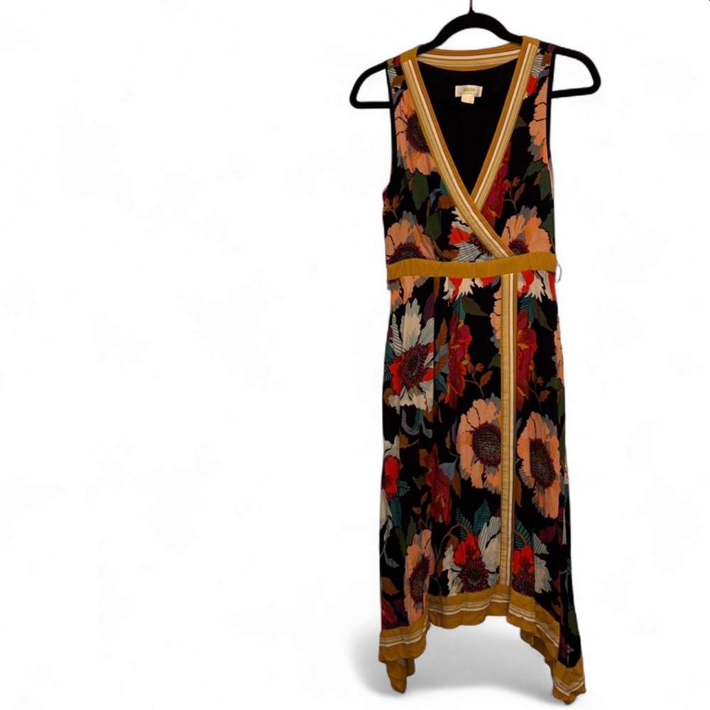 Maeve Anthropologie Botanical Midi Dress Floral Faux Wrap Black Multi Size 2